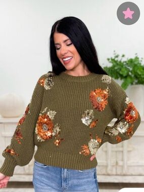 BiBi Olive Green Sequin Floral Crewneck Sweater